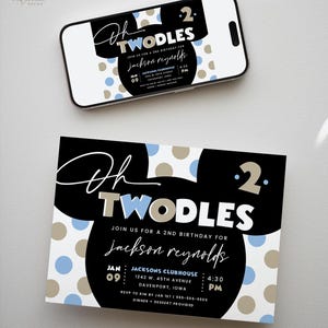 Inbjudan till pojkens andra födelsedag med "oh twodles mouse", redigerbar inbjudan, 2-årsdagsinbjudan, twoodles, direktnedladdning, MMS bild 2