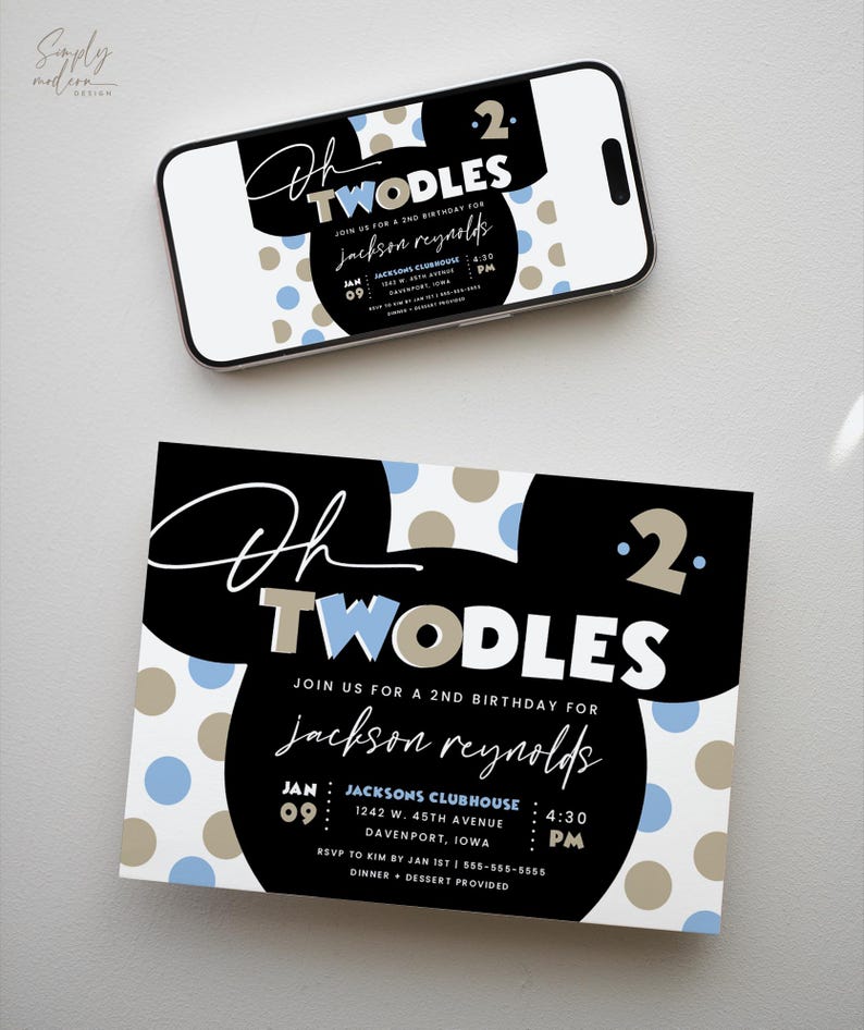 Inbjudan till pojkens andra födelsedag med "oh twodles mouse", redigerbar inbjudan, 2-årsdagsinbjudan, twoodles, direktnedladdning, MMS bild 2