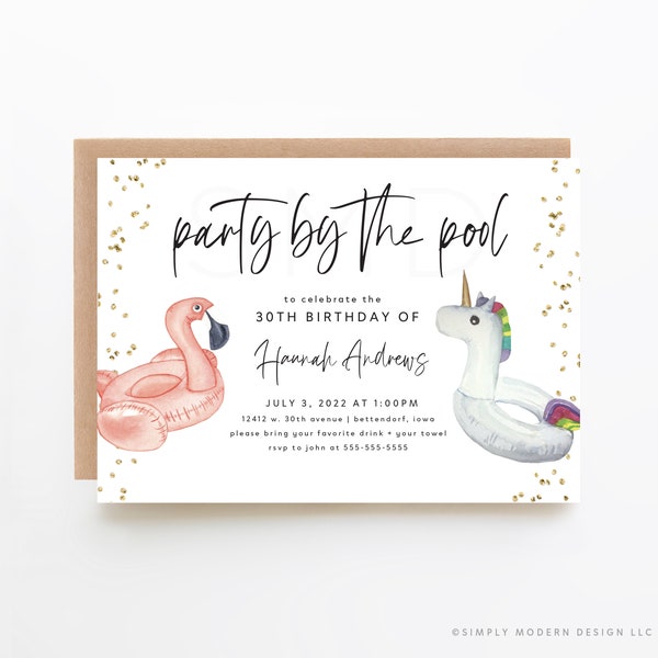 pool birthday party invitation, birthday pool party, flamingo pool float, unicorn pool float, girl's birthday pool party, editable template