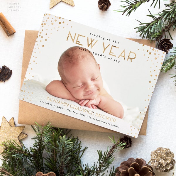 New Year's Birth announcement, ringing in the new year card, first christmas, modern birth announcement, printable,editable new years card