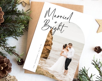 boho photo holiday wedding card, first christmas card, merry and married, modern boho photo arch, holiday save the date, minimalist