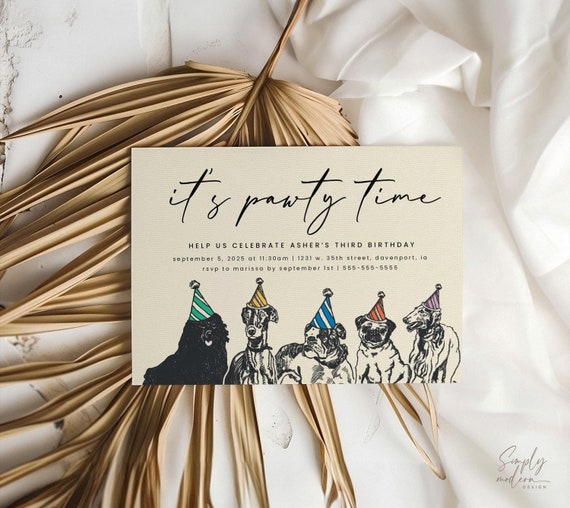 dog birthday party invitation, let's pawty, puppy pawty, dog theme birthday, puppy birthday, dog in party hats, instant download, PPWTY
