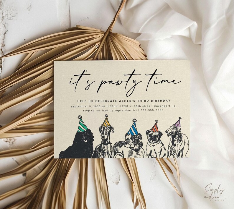May include: It's party time! A birthday invitation with a colorful illustration of five dogs wearing party hats. The text reads "It's party time! Help us celebrate Asher's third birthday. September 5, 2025 at 11:30am | 1231 W. 35th Street, Davenport, IA. RSVP to Marissa by September 1st | 555-555-5555."