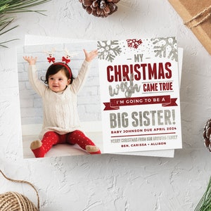 Schwangerschaftsanzeige für große Geschwister, großer Bruder, große Schwester, Weihnachtskarte, Schwangerschaftsanzeige, rot, silber, Schneeflocken, editierbar