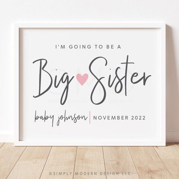 Enseigne d'annonce de grossesse grande soeur, affiche grande soeur moderne, promue grande soeur, enseigne de photographie, enseigne modifiable et imprimable