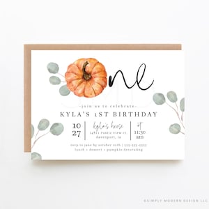 orange pumpkin first birthday invitation, eucalyptus, one, fall first birthday, minimalist, pumpkin greenery, editable invitation, PMP