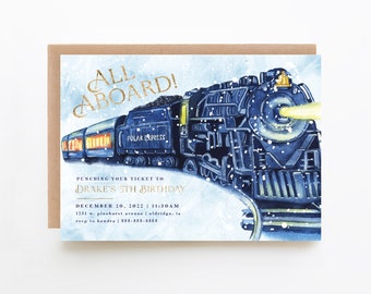 Invitación para fiesta de cumpleaños en tren de invierno, polar, cumpleaños navideño, expreso, invitación de invierno, ¡todos a bordo!, editable, descarga instantánea