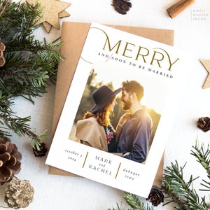 minimalistische vakantie bewaar deze kaart, merry and soon to be, save our date, kersthuwelijksuitnodiging, minimalistische save the date kaart