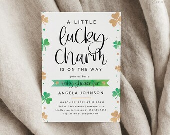 May include: A white baby shower invitation with the text "A Little Lucky Charm Is On The Way." The invitation is decorated with green and gold shamrocks and includes the name Angela Johnson and event details.