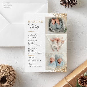 Anuncio de nacimiento de gemelos, tarjeta de anuncio de Navidad para gemelos, tarjeta de Navidad editable, collage de fotos, minimalista, copos de nieve dorados