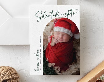 modern photo arch holiday birth announcement, modern boho photo arch, holiday christmas birth announcement card, silentish nights