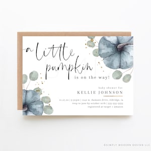 blue pumpkin baby shower invitation, fall boy's baby shower, eucalyptus, little pumpkin is on the way, twins, triplets, editable, BPMP