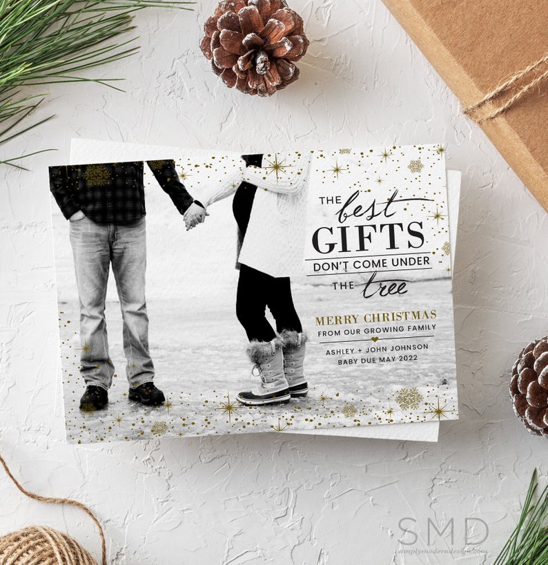 Christmas pregnancy announcement card, Holiday Card, the best gifts don't come under the tree, gender reveal, printable, editable template 