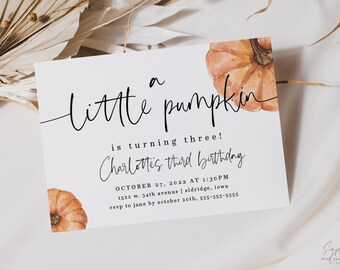 Orange Pumpkin Birthday Invitation, Minimalist Fall Birthday Invite, Editable Template (PMP)