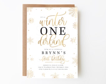 Winter ONEderland Erste Geburtstagseinladung, goldene Schneeflocke (editierbare Vorlage, WTL)