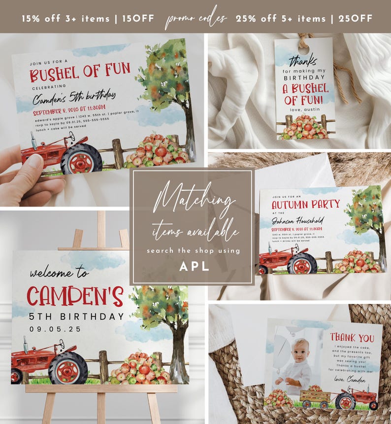 May include: A set of printable party invitations and signage for a 5th birthday party with a fall theme. The design features a red tractor, a pile of apples, and a watercolor painting of a tree. The text on the invitations reads "Join us for a Bushel of Fun Celebrating Camden's 5th Birthday" and "Welcome to Camden's 5th Birthday".