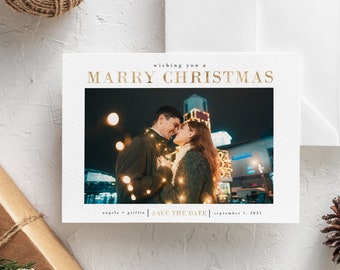 Holiday save the date card, marry christmas, save our date, christmas wedding invitation, foil card, invite, minimalist save the date card