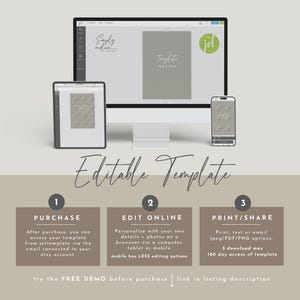 May include: Editable template design with instructions on how to purchase, edit online, and print or share the template. The template is shown on a computer screen, tablet, and phone.