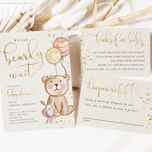 bearly wait girl&#39;s baby shower invitation set, bear baby shower, bear diaper raffle insert, bear books for baby insert, editable invitation