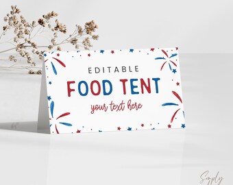 Könnte beinhalten: Editierbares Essenszelt-Schild mit roten, weißen und blauen Feuerwerkskörpern und Sternen. Der Text lautet "Editable Food Tent your text here".