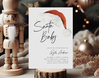 faire-part de bébé père Noël, invitation de fête prénatale du père Noël, fête de naissance de Noël, révélation du sexe du père Noël, modèle modifiable, téléchargement immédiat, SNBY