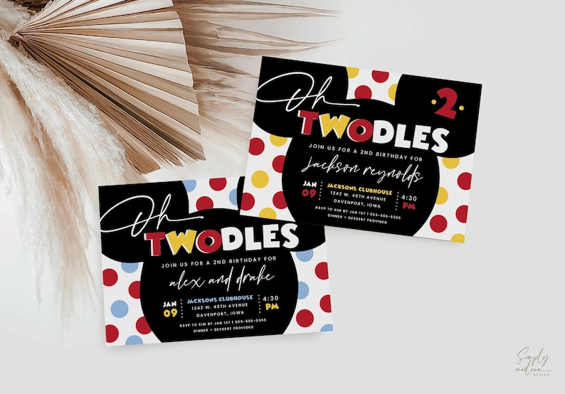 Inbjudan till pojkens andra födelsedag med "oh twodles mouse", redigerbar inbjudan, 2-årsdagsinbjudan, twoodles, direktnedladdning, MMS bild 1