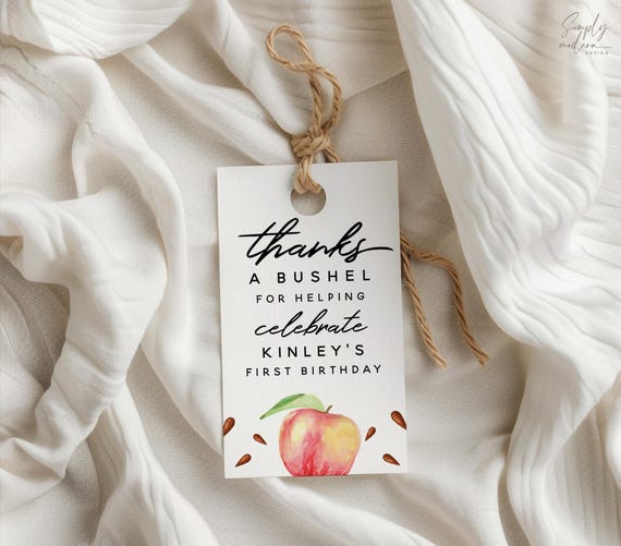 Apple Birthday Thank You Tag, Thanks a Bushel Party Favor, (Editable) APL