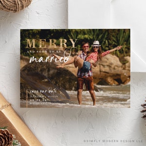 winter save the date kerstkaart, merry and soon to be, bladgoud, vakantie save the date, trouwkaart, bewerkbare save the date