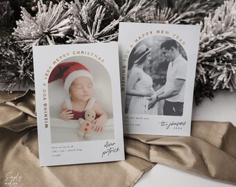 Anuncio de nacimiento navideño minimalista, anuncio de embarazo navideño, tarjeta fotográfica con arco de imitación de lámina dorada (5x7)