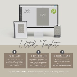 May include: Editable template design with instructions on how to purchase, edit online, and print or share the template. The template is shown on a computer screen, tablet, and phone.