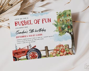 apple orchard birthday invitation, bushel of fun, apple picking, apple theme birthday party, fall birthday party, instant download, APL