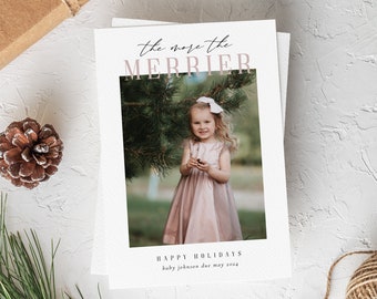 minimalistic holiday Christmas pregnancy announcement, the more the merrier, photo announcement, modern style card, printable, editable
