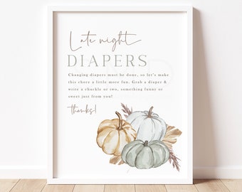 boy's fall boho pumpkin late night diapers sign, boho baby shower, diaper duty shower game, gender neutral, instant download, 8x10, BGPMP