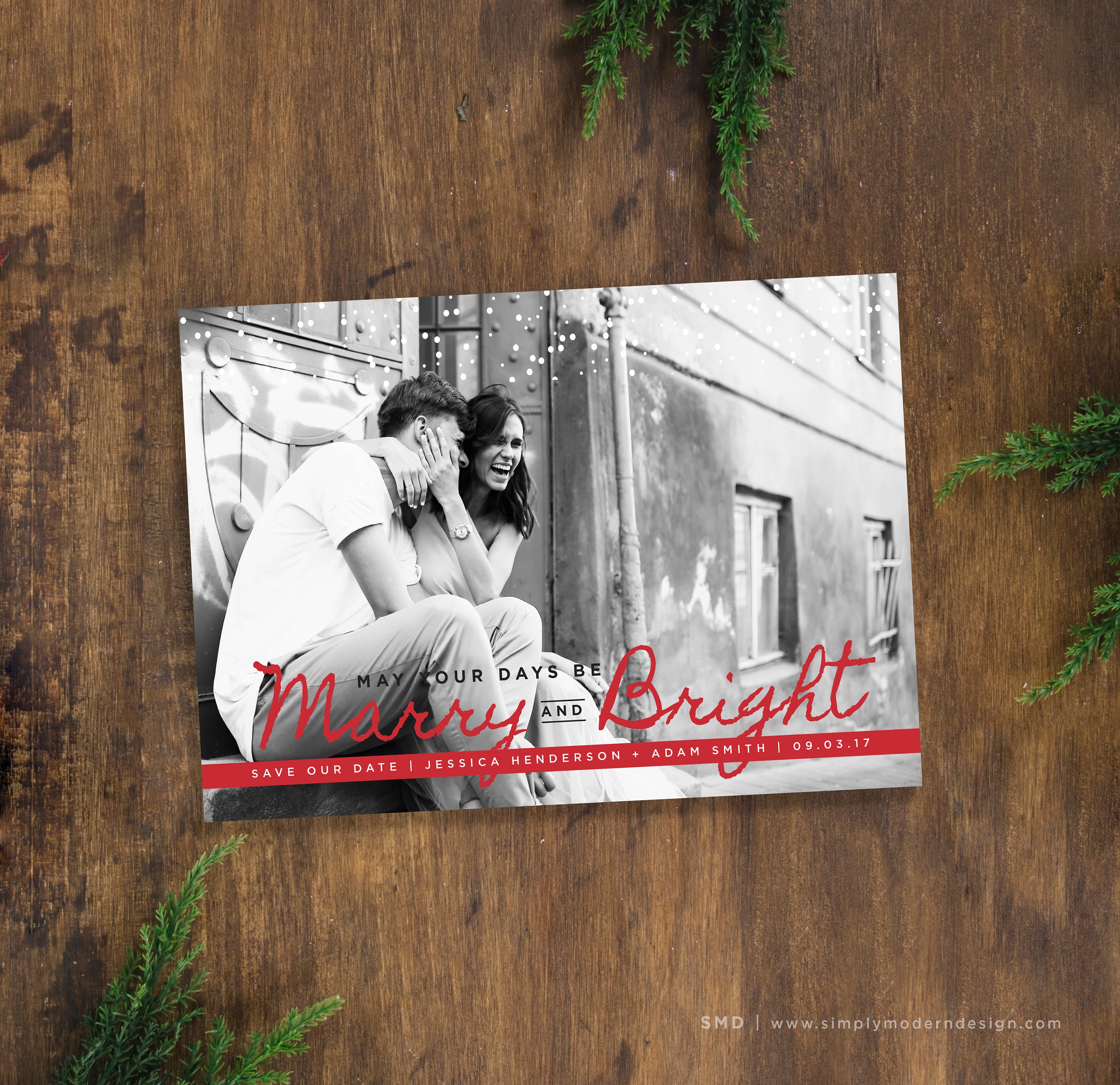Save The Date Christmas Card Modern Marry And Bright Merry Etsy