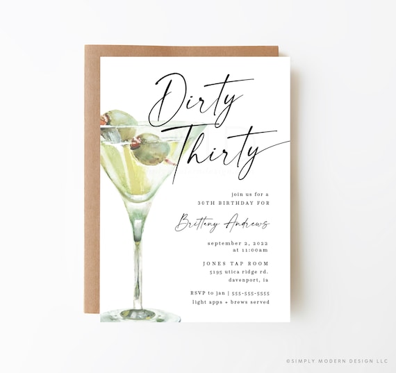 dirty martini invitation, dirty thirty invite, cocktails and conversation, cocktail party invite, cocktail invite, martini, editable, STNS