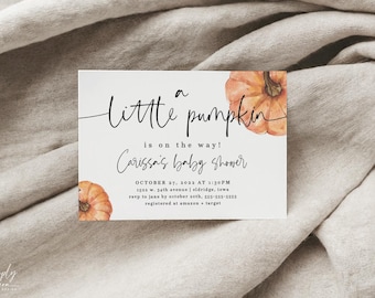 pumpkin baby shower invite, editable, fall baby shower, little pumpkin on way, minimalist baby shower, orange pumpkin, instant download, PMP