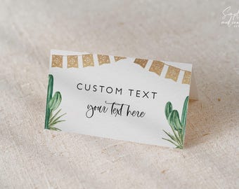 May include: White card with a gold glitter banner and green cactus illustrations. The text "CUSTOM TEXT your text here" is printed on the card.