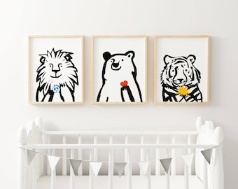 Lion, Bear, and Tiger, Peace, Love, and Happiness art print