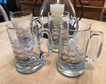 Vintage West Virginia Glass Clipper Ships Steins 4 piece set