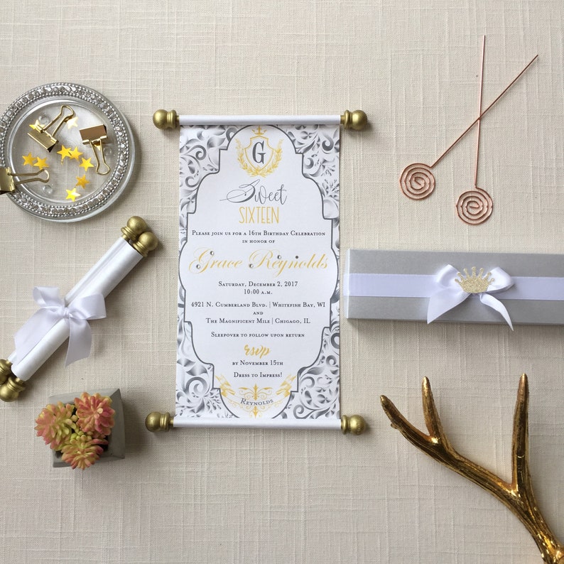 Princess Sweet 16 Scroll Invitation Silver Grey Gold Set Of Etsy