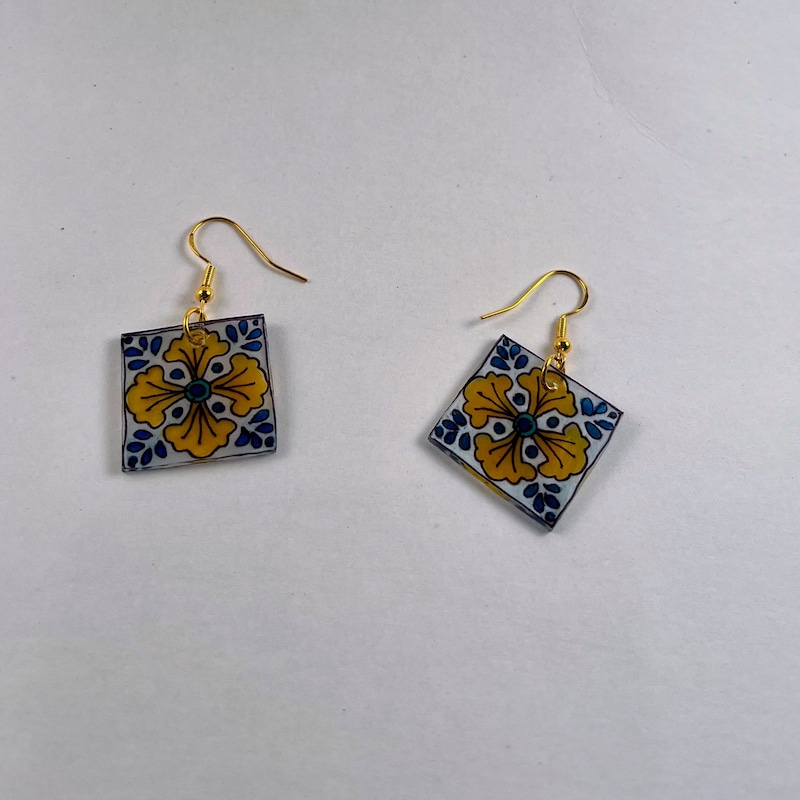 Talavera Tile Blue Turquoise Golden Drop Earrings main image 0