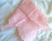 Vintage Roses Handkerchief 1950's Pink Voile Fabric Tone On Tone Large 15 1/2" Square Womens' Bridal Wedding Accessories