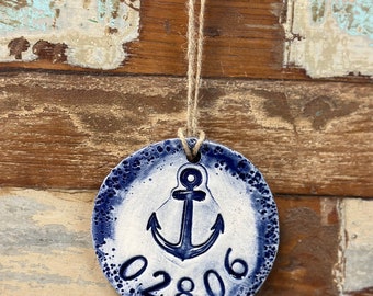 Nautical State Ornament with Zip Code in Blue with Anchor impression and Sand Inspired Border Design- Hangs from Natural Twine