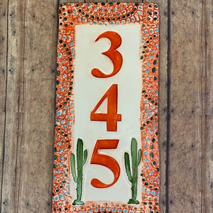 House Number with Cactus Ceramic Tile Mosaic Look Bordered House Number Plaque bright Arizona Sun Orange