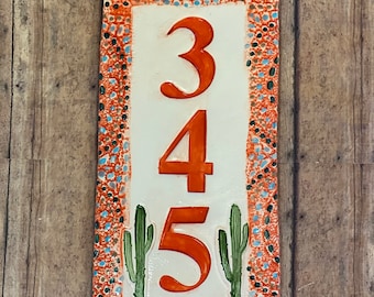 House Number with Cactus Ceramic Tile Mosaic Look Bordered House Number Plaque bright Arizona Sun Orange