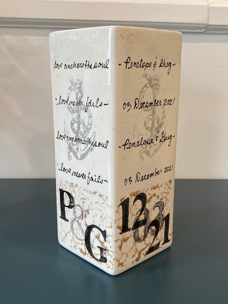 Wedding gift ceramic Vase with Anchor and Rope design personalize with wedding date and initials & love never fails image 5