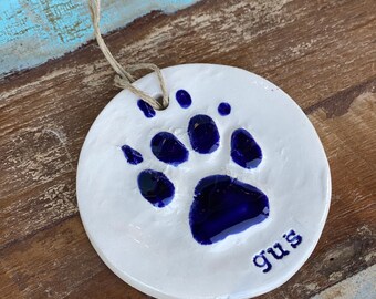 Pet Paw Print ornament in ceramic in cobalt blue