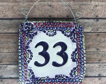 House number sign Home address plaque in ceramic purple with mosaic look border