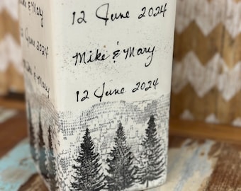 Wedding gift ceramic Vase with winter theme design personalize with wedding date, names, initials of couple.