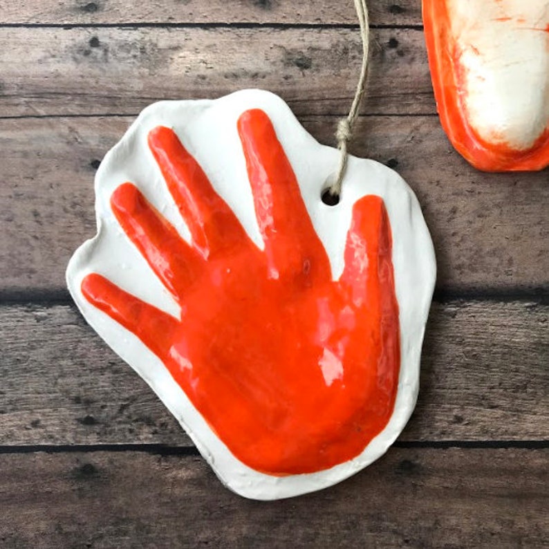 Raised Ceramic 3D Handprint Ornament Kit to Go in Orange on Natural Cording. Personalized
